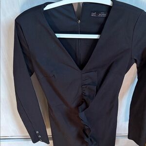 Black Long-Sleeve V-Neck ruffle front dress